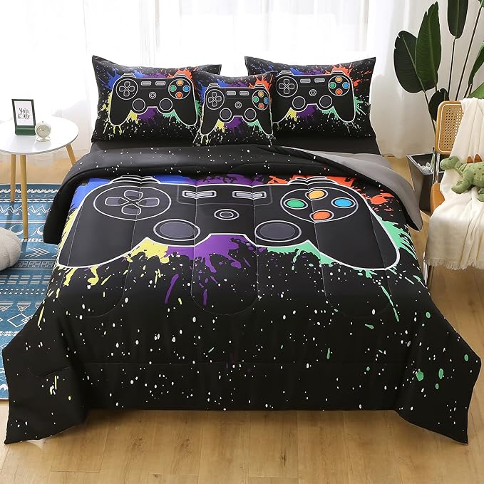 JQinHome Full Gamer Comforter Sets for Boys, 6 Piece Bed in A Bag 3D Video Game Bedding -All Season Soft Microfiber Gamer Bedding Sets, with Pillowcases, Flat Sheet, Fitted Sheet, Cushion Cover