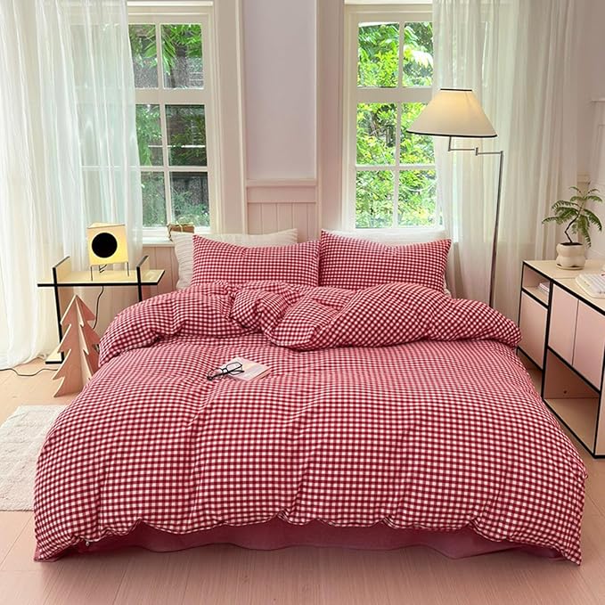 LifeTB Red Gingham Comforter Set Full Modern Style Red Plaid Comforter Set 3 Pieces Soft Fluffy Grid Checkered Pattern Comforter with 2 Pillowcases Vintage Luxury Soft Gingham Bedding Comforter Full