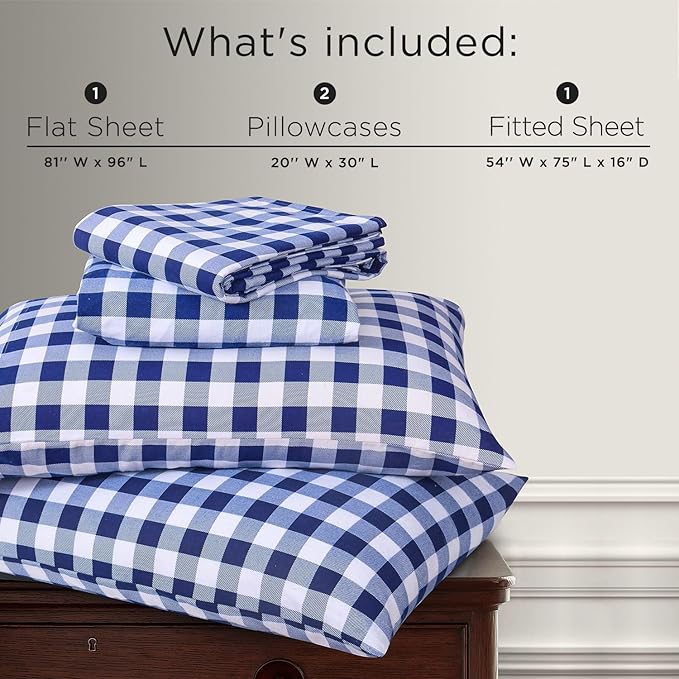 Briarwood Home® Printed Flannel Sheet Set, 100% Natural Cotton, Soft, Warm & Deep Pocket, Advanced Nano-Tech Making it Resistance to Pilling; Brushed 6 Times for Softness (Buffalo Navy Blue, Full)