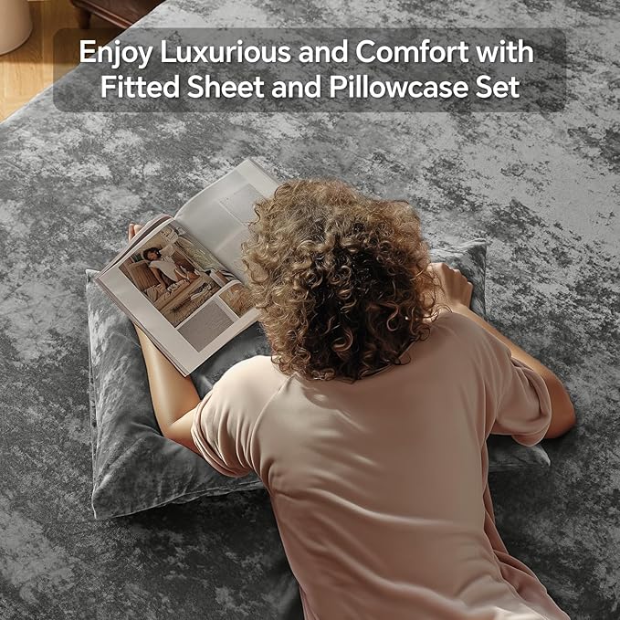 BEDELITE Velvet Fitted Sheet and Pillowcase Set, Luxury Soft Fuzzy Bottom Sheet with Reinforced Elastic Corner Straps, Deep Pocket up to 15 Inch, 1 Fitted Sheet and 1 Pillowcase (Twin, Grey)