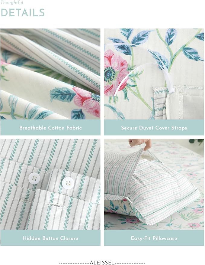 Elegant 100% Cotton Duvet Cover King Size - Petal Pink Flowers & Sage Branches on Soft White,Fine Striped Back, Neutural Bedding Set 3Pcs with Button Closure (King,104"x90")