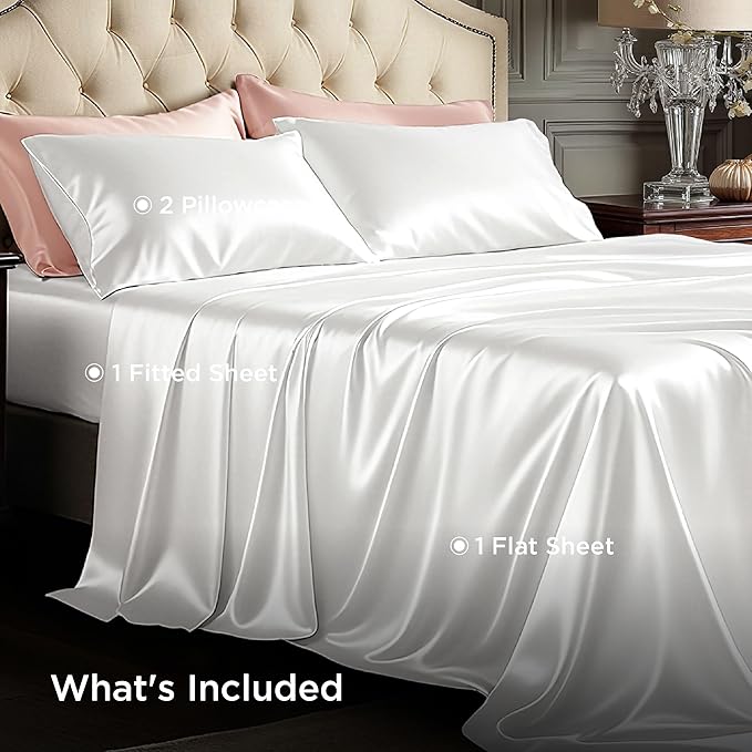 Bedsure White Satin Sheets Queen Size - 4 Piece Silky Bedsheets with 15 Inches Deep Pocket Fitted Bedsheet,1 Flat Sheet, 2 Satin Pillowcases, Good for Hair & Skin (Queen, White)