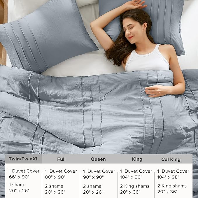 Comfort Spaces Blue/Grey Twin Size Duvet Cover Set - 2 Piece Pintuck Pleated Duvet Cover, All Season Lightweight, Extra Softness Pre-Washed Microfiber Bedding Cover Shams