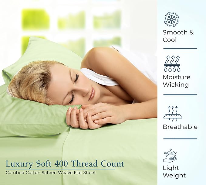 400 Thread Count 100% American Grown Cotton Flat Sheet - Cooling Sheets - Full Sheets - Luxury Sateen Weave - Full Flat Sheet Sold Separately - Super Soft Green Flat Sheet Only (Full, Florentine Sage)