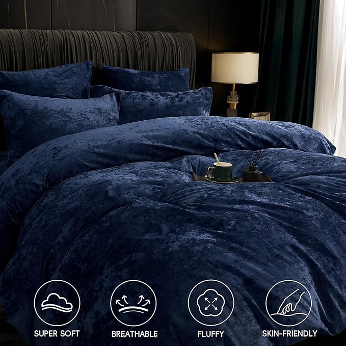 PHF Truly Velvet Duvet Cover Set California King Size, 3pcs Ultra Soft Breathable Comforter Cover Set, Luxury Cozy Flannel Duvet Cover with Pillow Shams Bedding Collection, 104" x 98", Navy