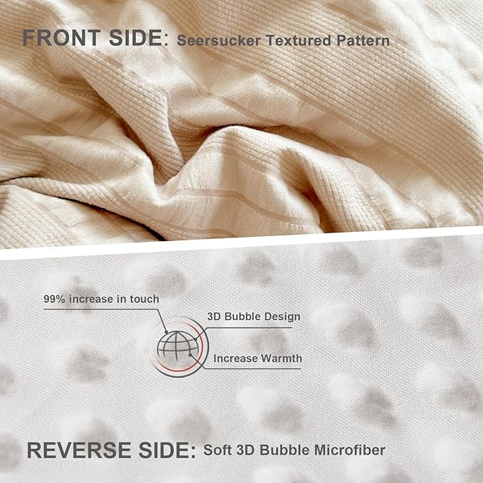 Boho Comforter Set Queen Size Striped Pleats Bohemian Seersucker Bedding Set All Season Soft Cozy 3 Pieces Quilt with 2 Pillowcases(90"X90" Beige)