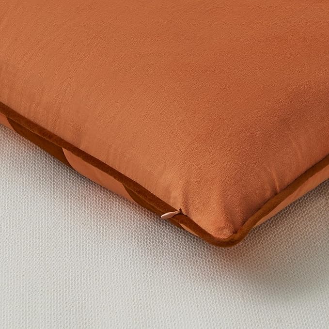 MONDAY MOOSE Decorative Throw Pillow Covers Cushion Cases, Set of 2 Soft Velvet Striped Piping Edge Designs, Pillow Inserts Not Included (16x16 inch, Rust/Coral)