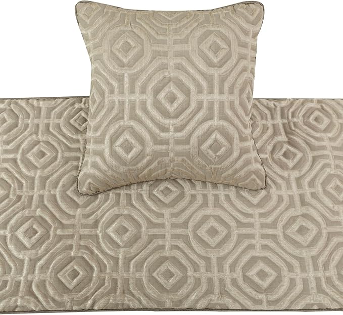 The HomeCentric King/Queen/Twin Beige Designer Queen 74"x18" Bed Runner with Pillow Cover, Textured Bed Scarf on Silk Fabric - Hexagonal Norma