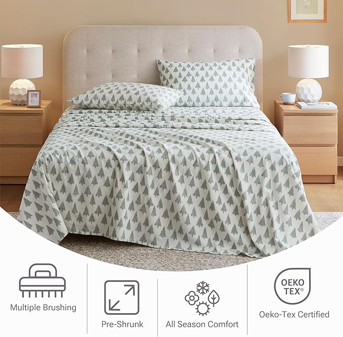 True North by Sleep Philosophy Cotton Sheet Set Cozy Print 100% Cotton Flannel Sheets Bedding Set, Oversized Sheets, Deep Pocket Fits Up to 14" Mattress King Bed Sheets King Ikat Tree 4 Piece