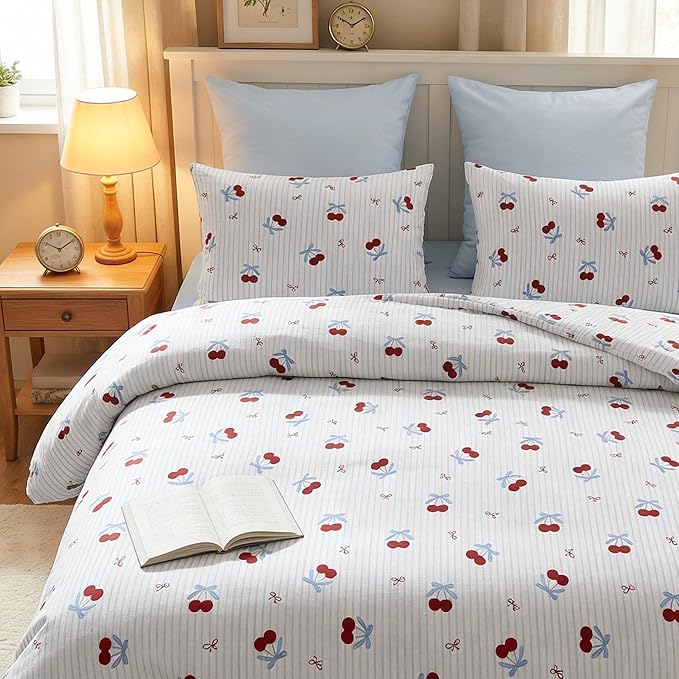 Nayoroom Blue Striped Bow Duvet Cover Queen Size Red Cherry Duvet Cover 3 Pieces Soft Lightweight Microfiber Girls Cute Aesthetic Dorm Bedding Set with Zipper Closure