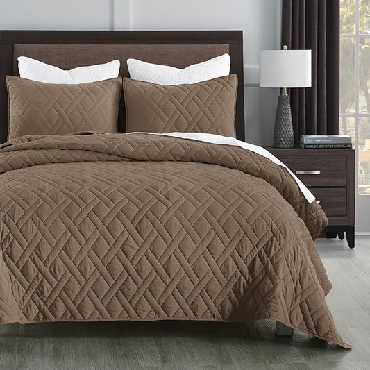 HORIMOTE HOME Quilt Set Queen Size Pine Bark, Classic Geometric Diamond Stitched Pattern, Ultra Soft Microfiber Lightweight Bedding Bedspread Coverlet for All Season with 1 Quilt 2 Pillow Shams
