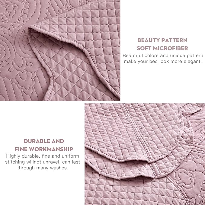 HZ & HY Oversized King Bedspread, Ultrasonic Coverlet Bedding Set, Lightweight Thin Comforter, Reversible, 5 Piece, 100% Microfiber, Mauve Shadows