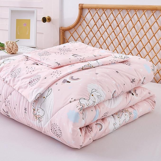 JSD Pink Unicorn Kids Comforter Set Full Size, 3 Piece Girls Rainbow Microfiber Comforter with Pillow Shams, Lightweight All Season Washable