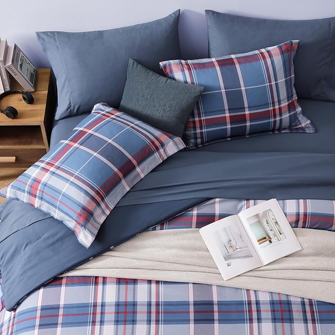 Plaid Full Size Comforter Set Navy Red, Bedding Set 7 Pieces for Boys Girls Teen, Lightweight Bed in a Bag for Dorm with Sheets, Pillowcases & Shams