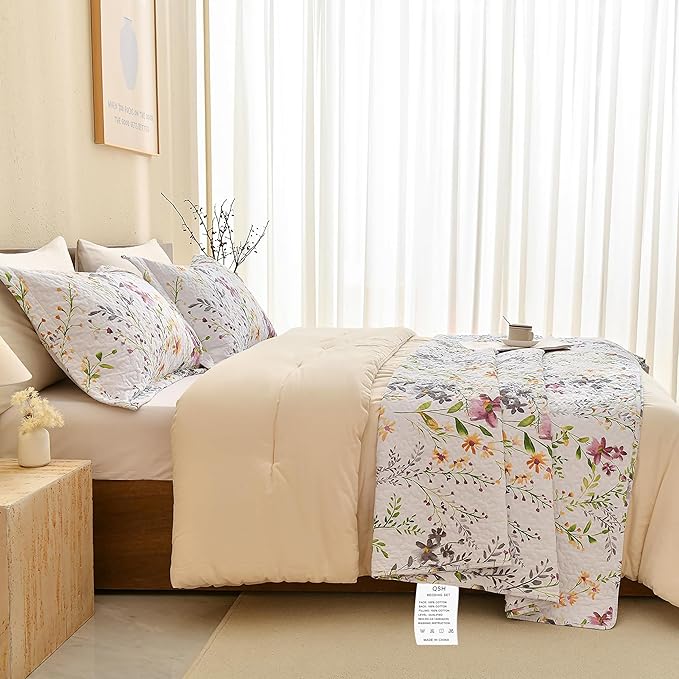 QSH Floral Quilt Queen Size Bedding Set (90"x98") 3Pcs 100% Cotton Quilt Set Yellow Wild Botanical Flower Printed Bedspread Coverlet Queen Lightweight Soft Bedding Set with Pillowcases