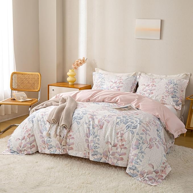 OAITE Duvet Cover Set Twin Size Floral Pattern Ultra Soft 100% Cotton Duvet Cover Sets 3-PC, Breathable Duvet Cover with Zipper Closure & Corner Ties(2 Pillow Shams,1 Duvet Cover)