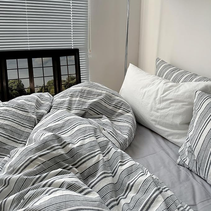 VM VOUGEMARKET Striped Duvet Cover Set Queen Size - 3 Pieces Washed Cotton Bedding Set,Preppy Style BoysComforter Cover for College Dorm,90"x90",Dark Grey&White