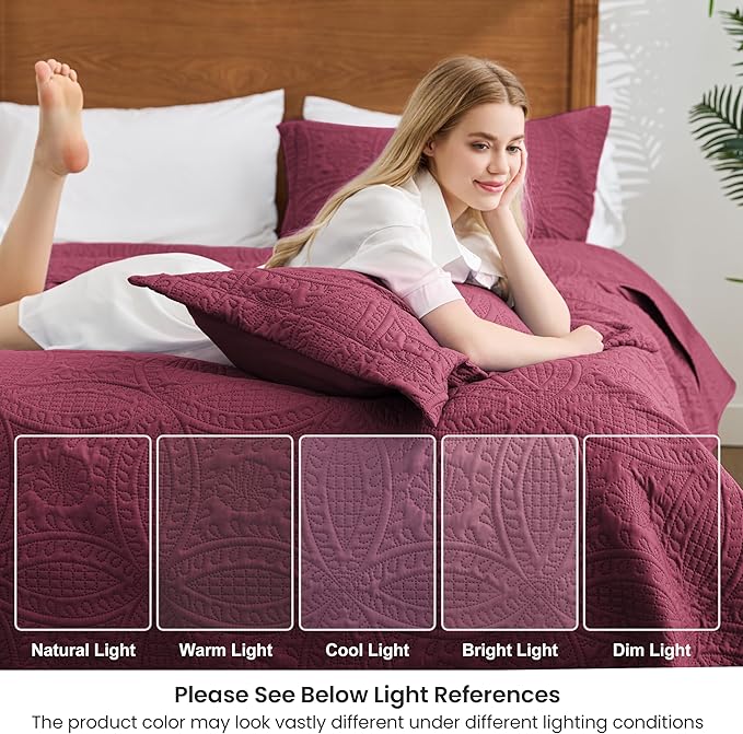 Love's cabin California King Size Quilt Bedding Set Burgundy Bedspreads - Cal King Lightweight Bedspread Comforter - Coin Pattern Coverlet for All Season - 3 Pieces (1 Quilt, 2 Pillow Shams)