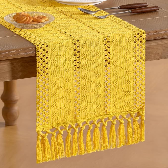 Socomi Boho Table Runner Valentine's Day Farmhouse Rustic Dining Kitchen Centerpiece Decor Small Macrame Woven Cotton Linen Coffee Table Runner for Dresser Scarf Home Decor 12x60 in Yellow Gold
