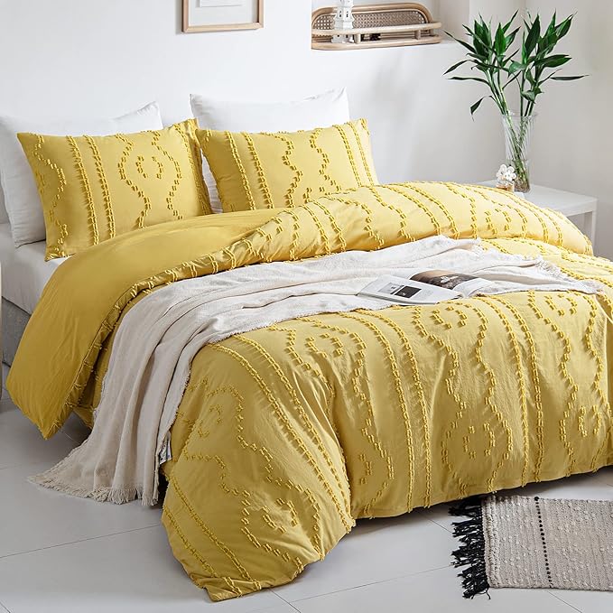 WARMDERN Boho Duvet Cover Set, Tufted Bedding Duvet Covers Soft Washed Microfiber Duvet Cover King Size, 3 Pieces Embroidery Shabby Chic Duvet Cover with Zipper Closure(Yellow, King)