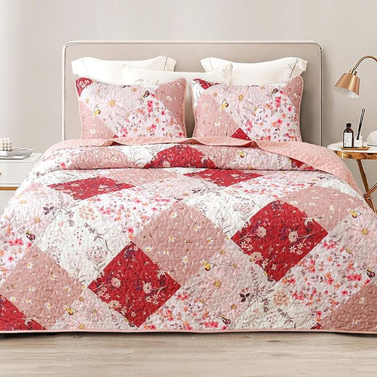 Whale Flotilla Patchwork Quilts Queen Size, Extra Soft Boho Floral Bedspreads for Bed Reversible Lightweight Full Queen Quilt Bedding Set Printed Coverlets with 2 Pillow Shams for All Seasons, Red