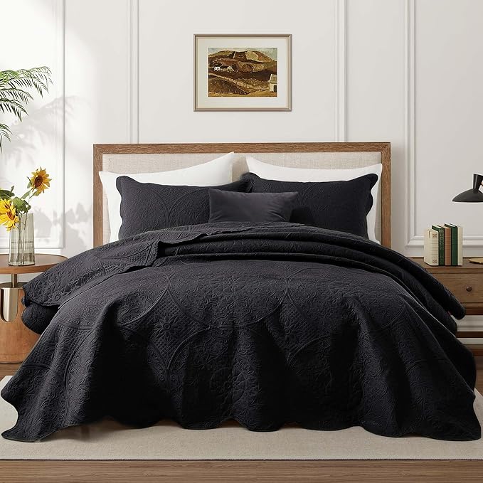 IR Imperial Rooms California King Quilt Bedding Set Size (118"x106") + 2 Pillow Shams (20" x 36"+ 2") - 3 Pcs All Season Reversible Microfiber Coverlet Embossed Floral Quilt Bedspread (Black)