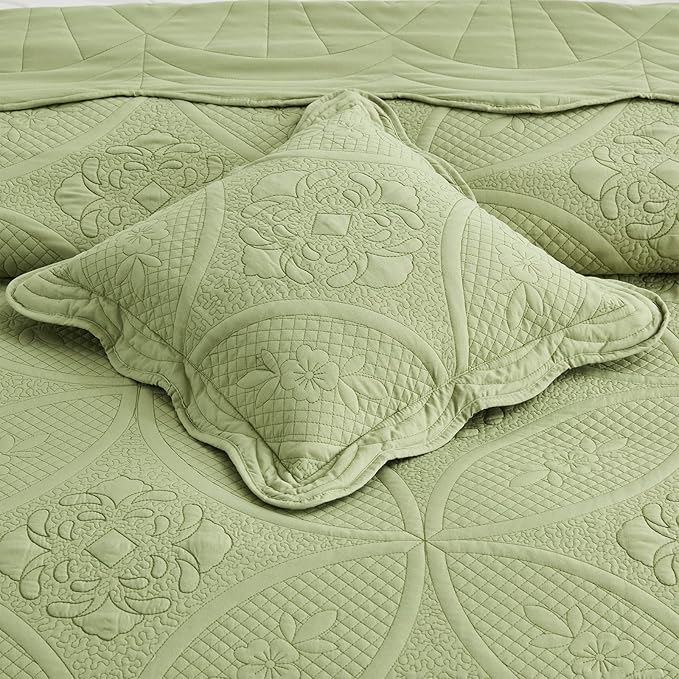 Oversized Bedspread - Queen Size Bedding Cover - Modern & Contemporary Coverlet Set, Real Stitching, Reversible, Lightweight, 5 Piece, Sage Green