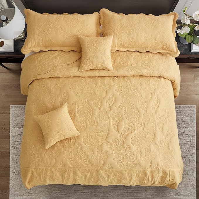HZ & HY Oversized King Bedspread 128x120 Extra Wide, Quilted Coverlet Bedding Set, Lightweight Thin Comforter, Reversible, Luxurious, 5 Piece, 100% Microfiber, Honey Gold