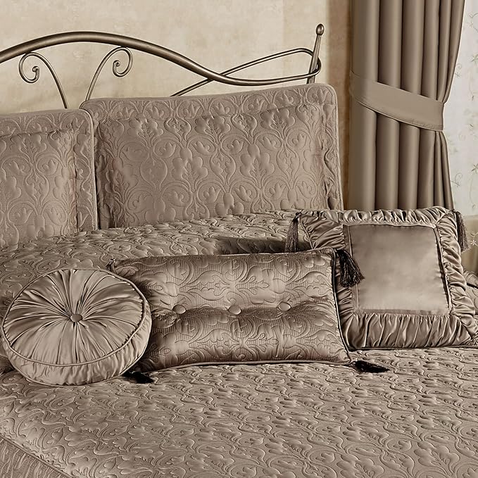 Cambridge Classic Luxury Bedding | Neutral Mink-Hued Solid Color Polyester Satin | Elaborate Damask Quilting | 6 Pc Bed Set Includes Oversized Queen Bedspread, 2 Standard Shams, & 3 Decorative Pillows