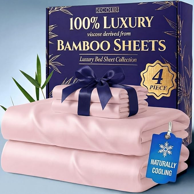 DECOLURE 100% Viscose Derived from Bamboo Sheets California King Size - Luxury 4 Pc Naturally Cooling Sheets, Ultra Soft Bed Set - Deep 17" Pockets, Double Stitching, Oeko Tex Standard (Light Pink)
