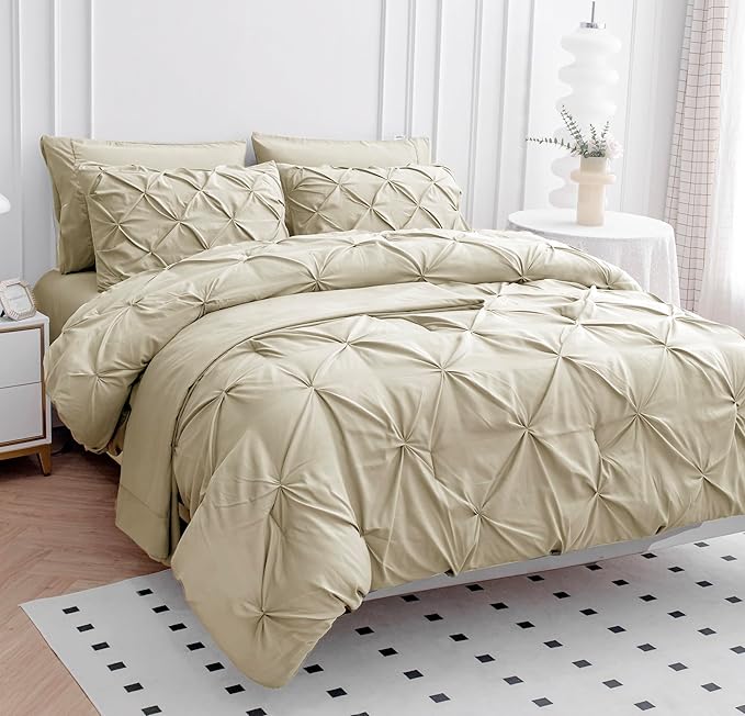 LANE LINEN Comforter Queen Size - Set of 7 Piece - Pintuck Stitch Design Bedding with 1 Comforter, 1 Flat Sheet, 1 Fitted Sheet, 2 Pillowcases & 2 Shams - Soft, Warm & Cozy Bedding Collection – Linen | Cozy not heavy, Cozy sleep surface, Very soft feel...