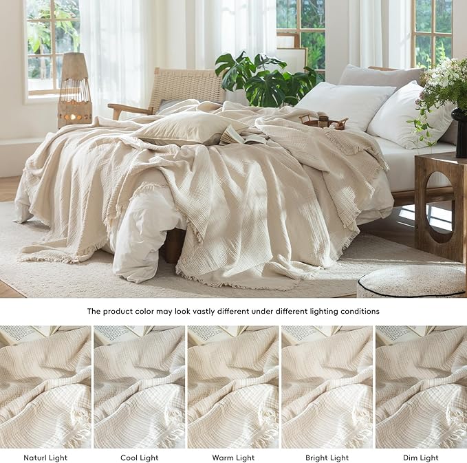 MooMee Muslin Blanket - 100% Cotton 4-Layer Gauze Throw Blanket with Tassels Ultra-Soft Breathable Lightweight Cooling for Bed Couch (Beige,Oversized Queen 98" x 98")