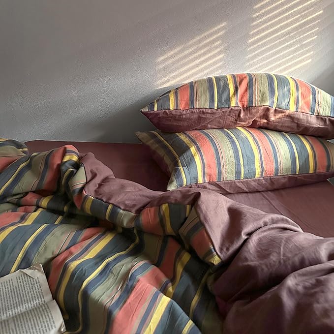 mixinni Vintage Striped Duvet Cover Set Full Size - 3 Piece 100% Washed Cotton Bedding Set, Soft & Breathable, Colorful Striped Pattern Printed Comforter Cover for All Seasons