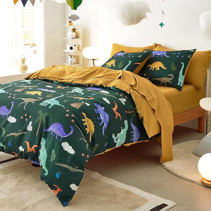Wake In Cloud - Dinosaur Bedding Set for Boys, Cute Colorful Dinosaur Soft Lightweight Comforter Set with Sheets, 5 Pieces Kids Bed in a Bag, Dark Green, Twin Size
