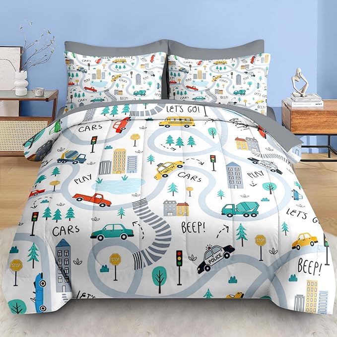 Comforter Set Twin Size, Cute Car City 5 Pcs Bedding for Kids and Adults, Cartoon Tree Truck Bed Sheet Sets with Fitted Sheet Pillowcase & Sham for Bedroom Bed Decor