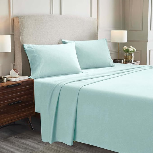 Superior Flannel Cotton Bed Sheet Set, Set Includes: One Flat Sheet, One Fitted Sheet and Two Pillowcases, Breathable, Modern Solid Classic, Full, Light Blue