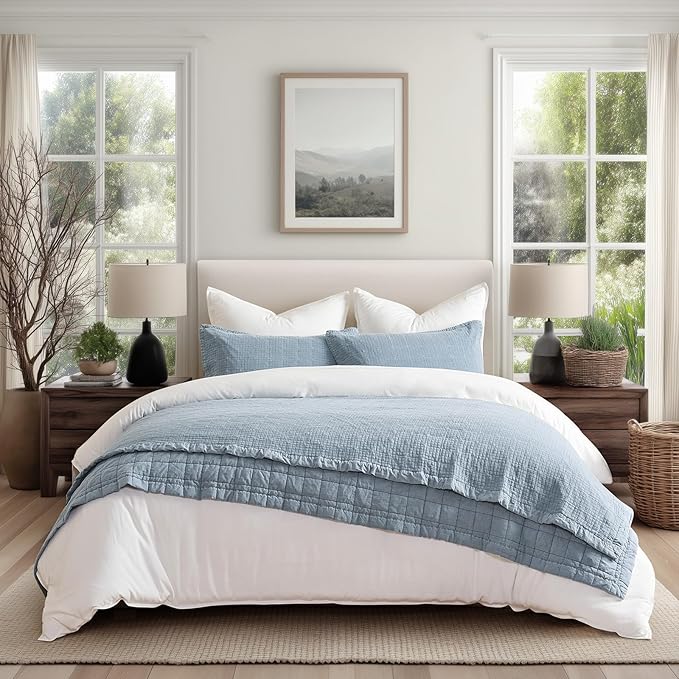 EVERGRACEHOME Stonewashed Cotton Quilt Set King Size, Ultra Soft Oversized Bedspread Coverlet Set, Lightweight Crinkle Box Stitch Bedding Sets for All Season, with 2 Matching Shams, Blue Linen