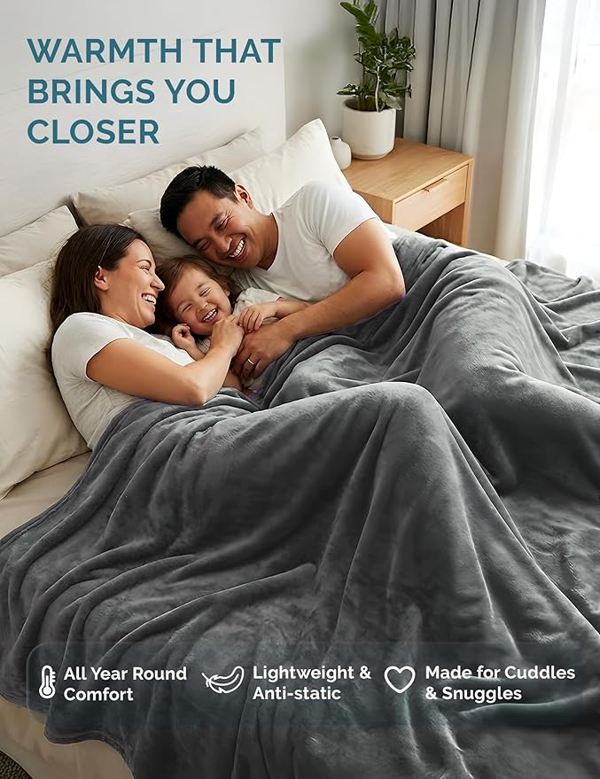 Casa Platino Fleece Blanket Queen Size – 300 GSM Gray Fleece Throw for Bed or Couch – Soft Cozy Warm Holiday Winter Blanket for Bed, Fuzzy Plush Elegant Gifts for Men & Women - 90x90 Inch