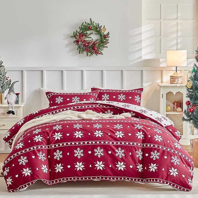 Lekesky Christmas Duvet Cover King Size,3 Pieces Reversible Duvet Cover Set with Snowflake Holiday Bedding Set with Zipper and 8 Corner Ties, 1 Duvet Cover 104x90 inches + 2 Pillowcases