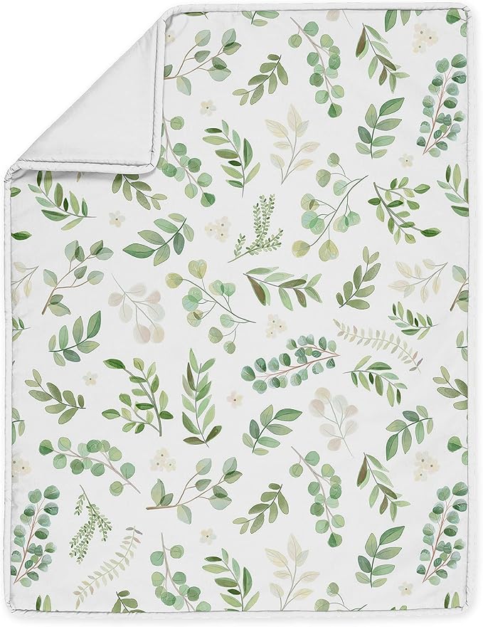 Sweet Jojo Designs Floral Leaf Baby Girl Nursery Crib Bedding Set - 4 Pieces - Green and White Boho Watercolor Botanical Woodland Tropical Garden