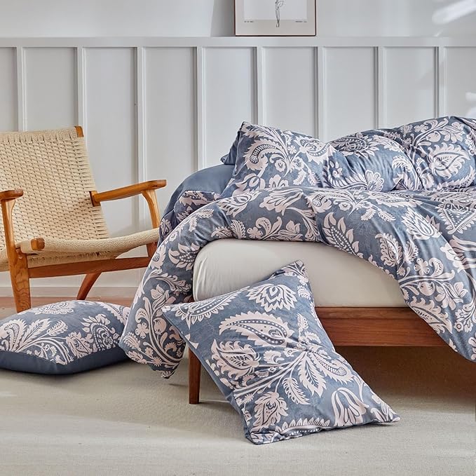 Lekesky Blue Duvet Cover Queen Size, Paisley Patterned Duvet Cover Set with Zipper, 3 Pcs Soft Microfiber Duvet Cover Floral Bedding Set (1 Queen Duvet Cover 90"x90", 2 Pillowcases 20"x26")