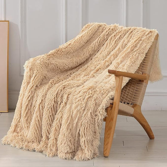 Tuddrom Decorative Extra Soft Faux Fur Blanket Twin Size 70" x 78",Solid Reversible Fuzzy Fluffy Cozy Plush Fleece Comfy Microfiber Blanket for Couch Sofa Bed,Apricot