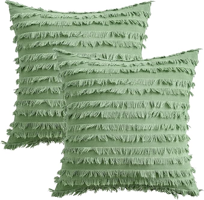 MIULEE Set of 2 Decorative Boho Throw Pillow Covers Spring Linen Striped Jacquard Pattern Cushion Covers for Spring Sofa Couch Living Room Bedroom 18x18 Inch Grass Green