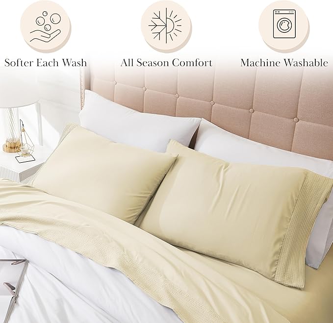Southshore Fine Living, Inc. California King Bed Sheets 4-Piece Set | 21" Extra Deep Pocket with 2 Pillowcases | Hotel Luxury Quality | Easy Care, Wrinkle-Free Bedsheet | Microfiber Bedsheets | Cream