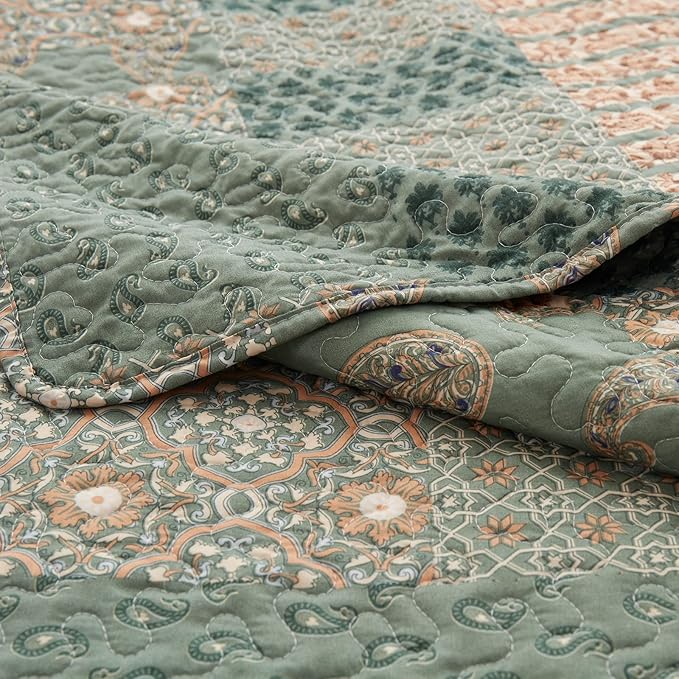 LEAONME 2 Pieces Twin Size Quilt Set Olive Green Paisley Bedspread Coverlet Lightweight Microfiber Bedding Set 68x86 Inch Bed Cover for All Seasons (1 Quilt, 1 Pillow Sham)