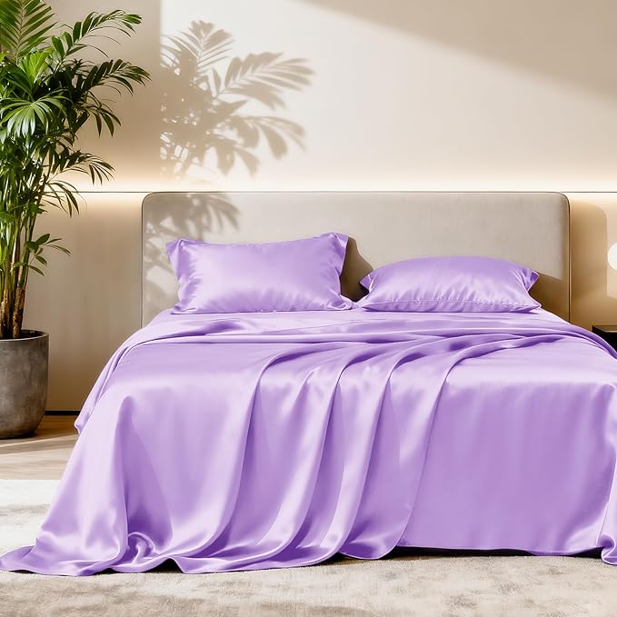 Love's cabin 4Piece California King Satin Bed Linen Set, Lavender Silky Satin Sheets, Deep Pocket, Luxury Silk Feel, 1 Flat, 1 Fitted Sheet, 2 Pillow Cases