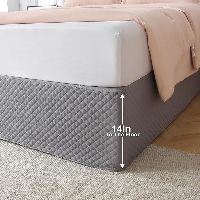 Full Size Gray Bed Skirt with 14-Inch Drop, Easy Fit Wrap-Around Cover for Bed, Wrinkle-Free and Fade-Resistant Box Spring Cover. (Gray Grid, Full)