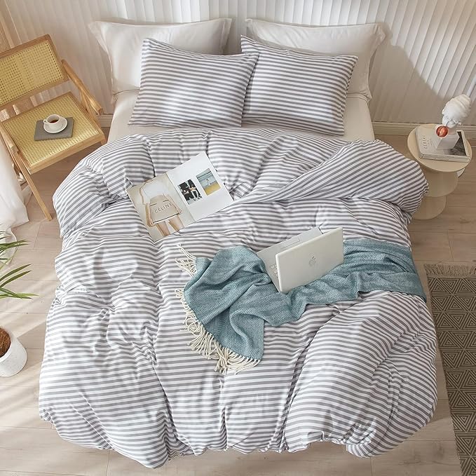 Striped Comforter Set Twin XL Size Grey White Stripes Pattern Comforter Fluffy Bed Set for Men Boys 3 Pieces Lightweight Bedding Comforter Set for All Seasons Soft Fluffy Comforter with 2 Pillowcases