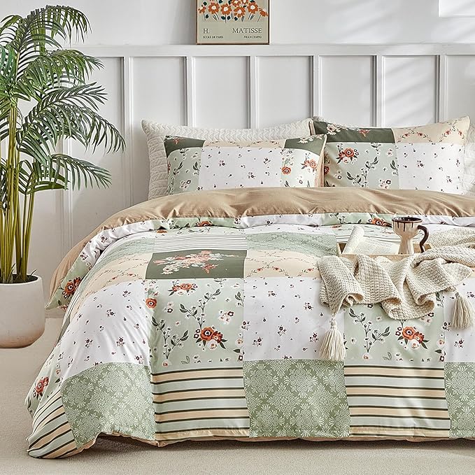 Lekesky King Size Duvet Cover Set, Patchwork Floral 3 Pieces Reversible Green Duvet Cover Set, Ultra-Soft Microfiber 3 Pieces Comforter Cover with Zipper and Corner Ties, Includes 2 Pillowcases