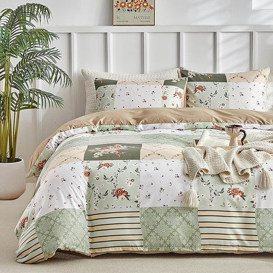 Lekesky King Size Duvet Cover Set, Patchwork Floral 3 Pieces Reversible Green Duvet Cover Set, Ultra-Soft Microfiber 3 Pieces Comforter Cover with Zipper and Corner Ties, Includes 2 Pillowcases
